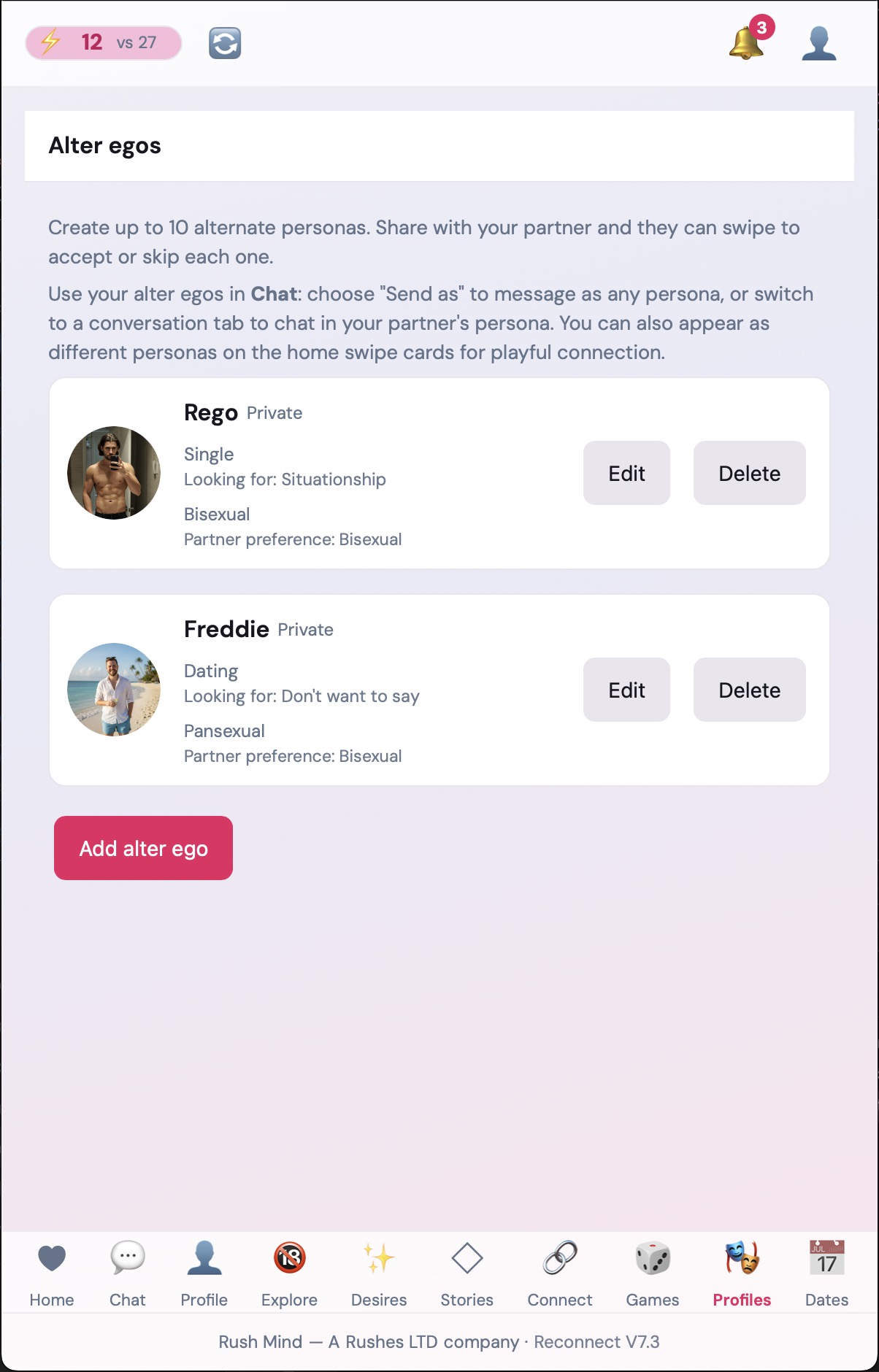 Alter Egos screen for role-play scenarios