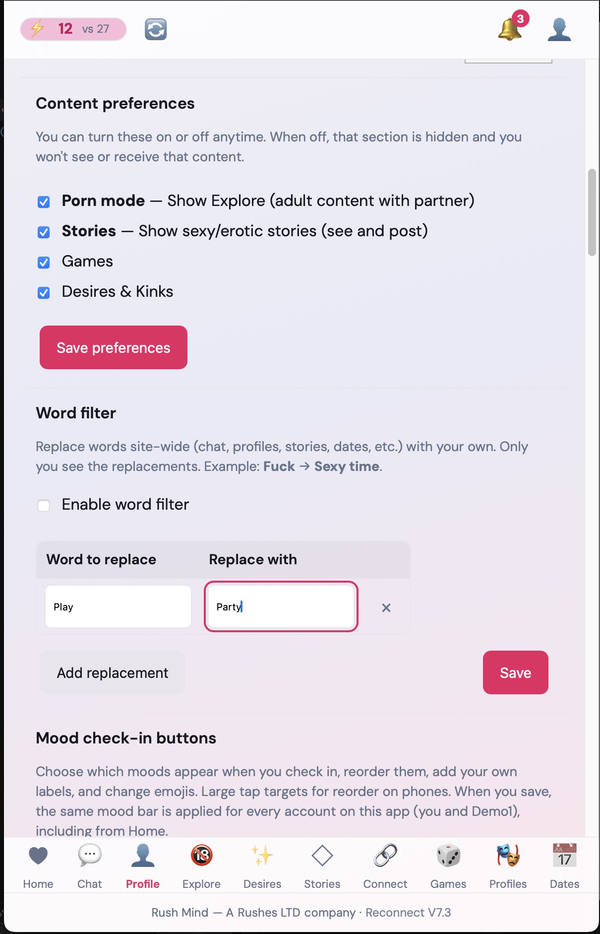 Custom setup screen with feature toggles