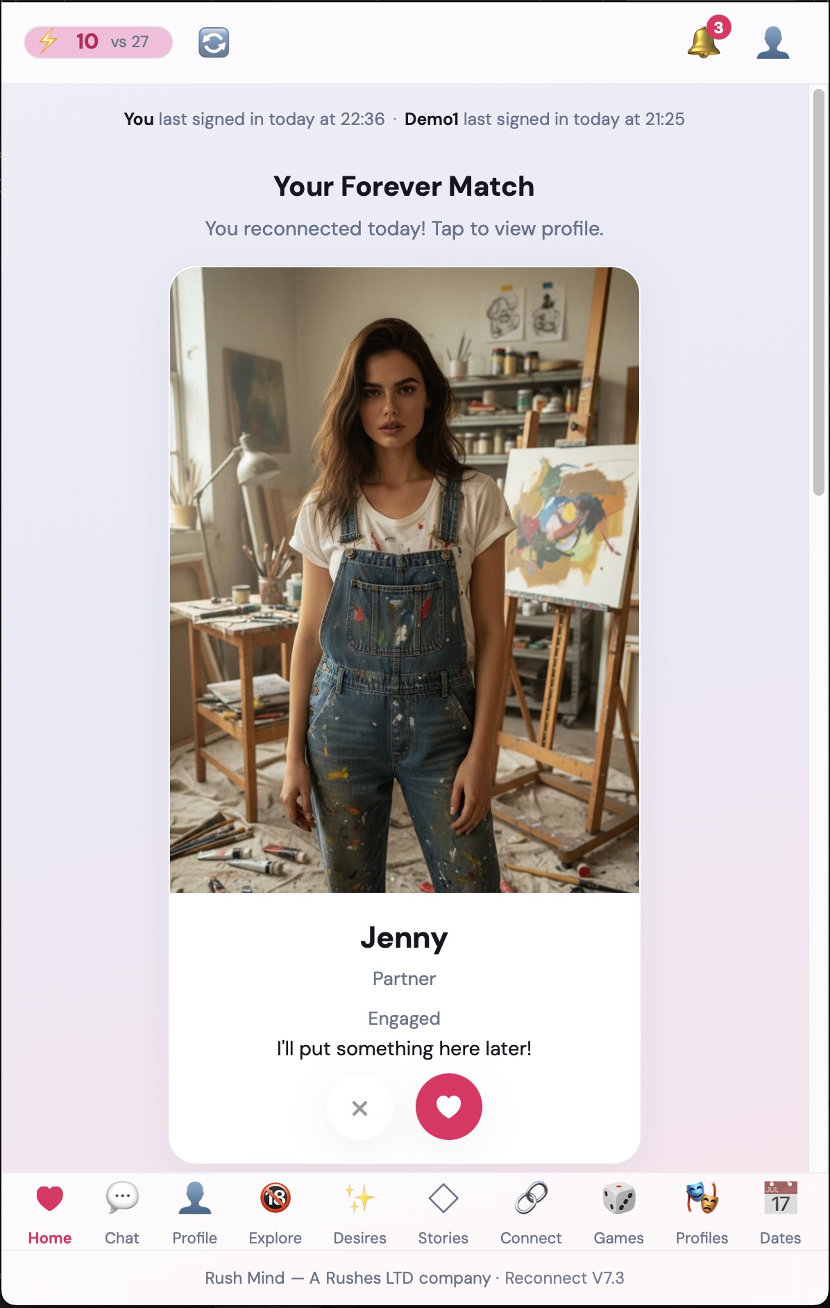Reconnect app showing partner card and daily reconnect swipe