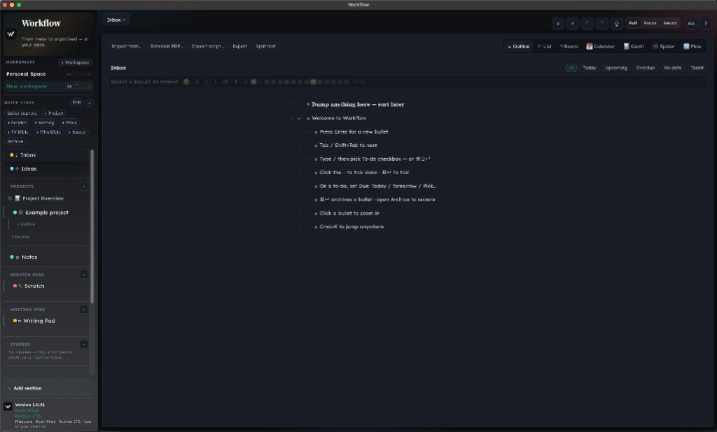 Workflow Inbox with outline, list, board, calendar, Gantt, spider and flow views